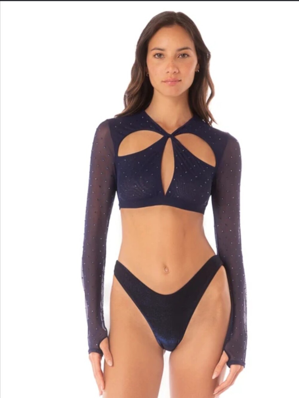 Maaji Swim NWT Midnight Blue Nate Crop Top Navy rhinestones long sleeve size M